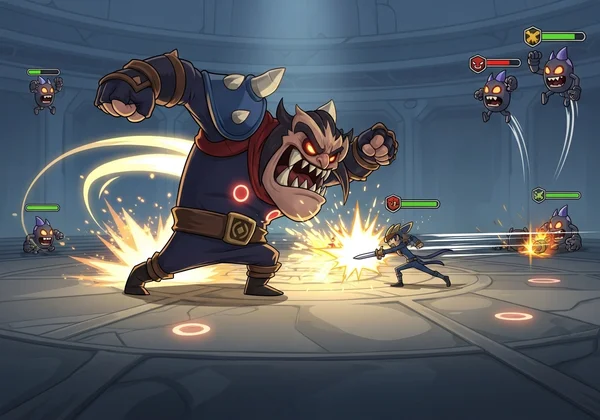 Player dodging and attacking a large, funny mid-game boss