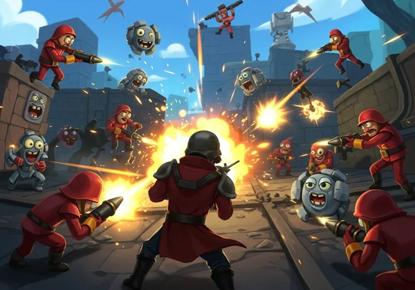 Hero character battling diverse enemies in a colorful arena