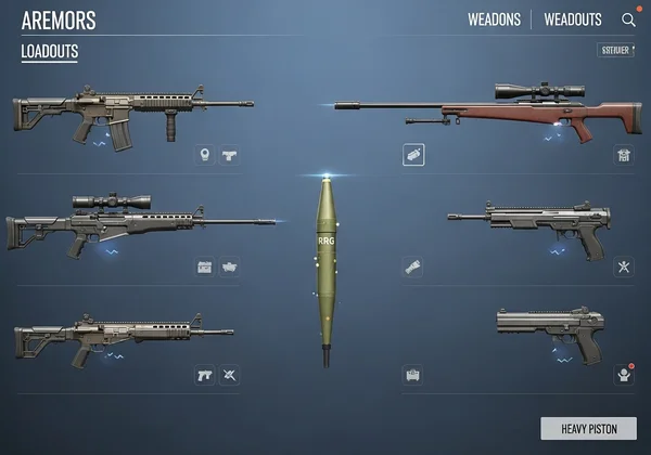Variety of upgraded weapons on display in a game armory