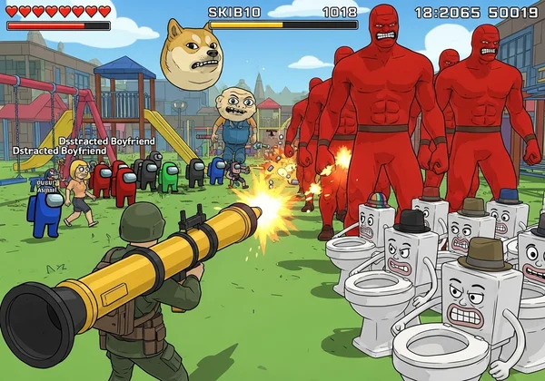 Humorous, meme-inspired enemies in Funny Shooter 2 gameplay.