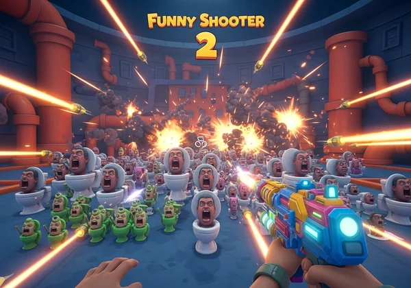 Player battling various Skibidi Toilets in Funny Shooter 2.