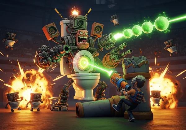 Epic Skibidi Toilet Boss fight in Funny Shooter 2 arena.