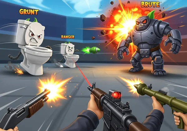 Skibidi Toilet variants and optimal weapons in Funny Shooter 2.