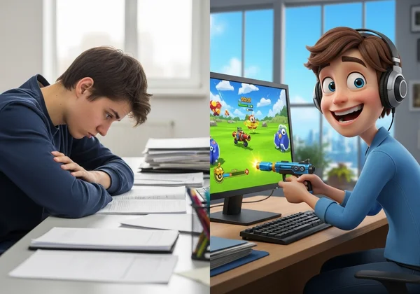 Person escapes boredom by playing an engaging, fun game