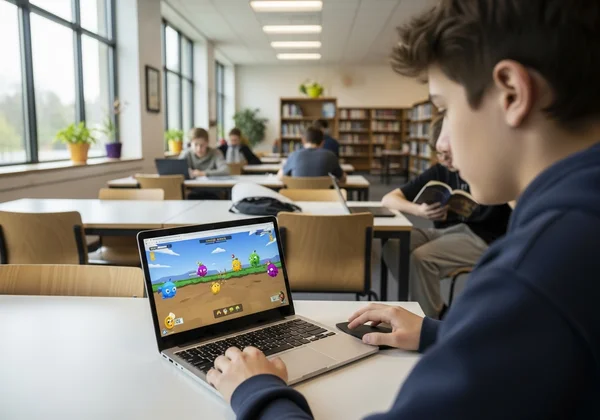 Student playing an unblocked game on a Chromebook in school