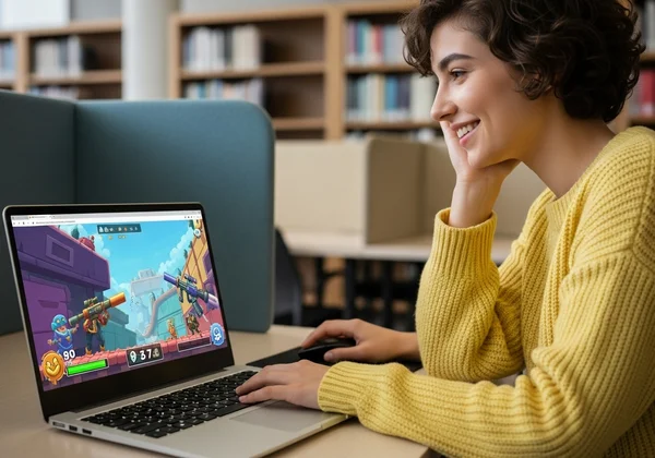 Person enjoying a fun browser game on a laptop for a break