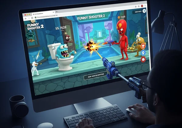 ผู้เล่นกำลังเพลิดเพลินกับ Funny Shooter 2 ในหน้าต่างเบราว์เซอร์