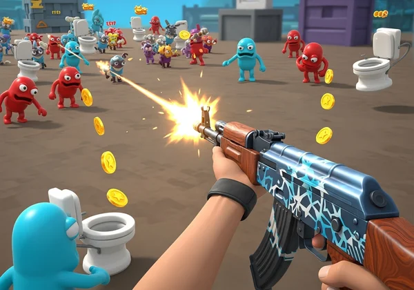 Manlalaro na may hawak na AK-47, nagpapaputok sa mga cartoon na kaaway