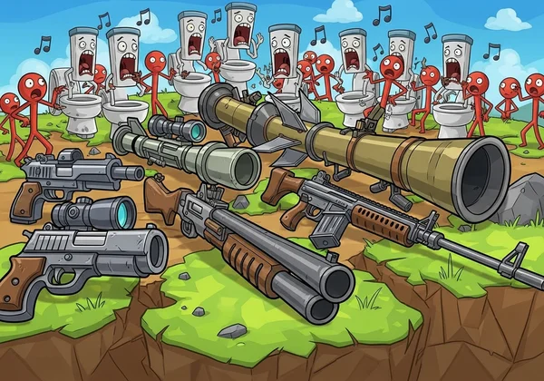 Funny Shooter 2 arsenal with pistols, shotguns, and enemies