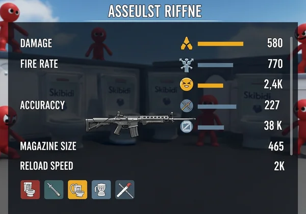 Funny Shooter 2 UI showing weapon stats like damage, fire rate