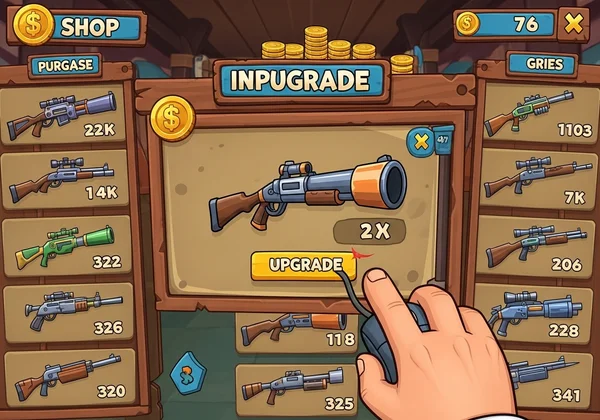 Funny Shooter 2 in-game shop with weapon upgrade options