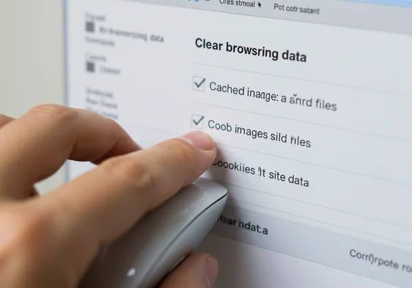 Hand clicking "Clear data" in browser cache settings.