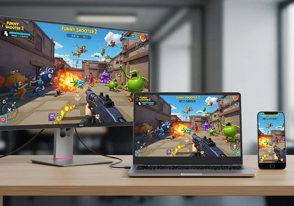 Funny Shooter 2 playing on desktop, laptop, and phone.