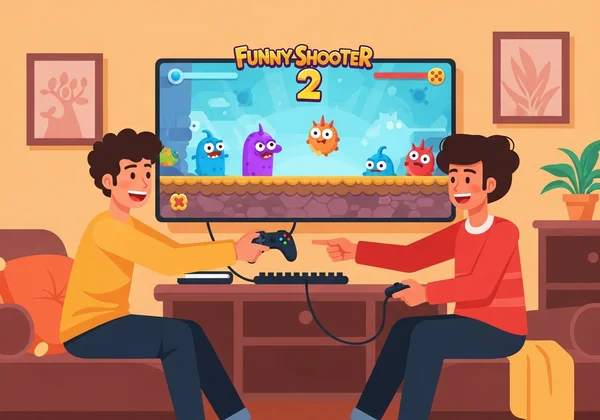 Friends taking turns playing Funny Shooter 2