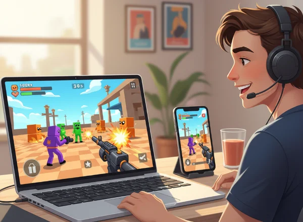 Person playing Funny Shooter 2 on laptop and phone